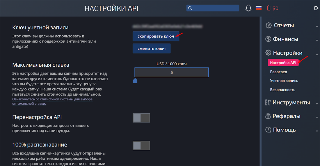 Копирование API-ключа Антикапчи