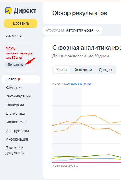 Кнопка «Пополнить» в кабинете Яндекс Директ