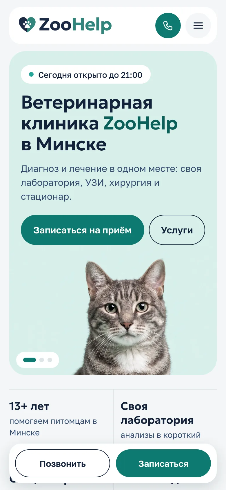 Мобильная версия: первый экран одной карточкой