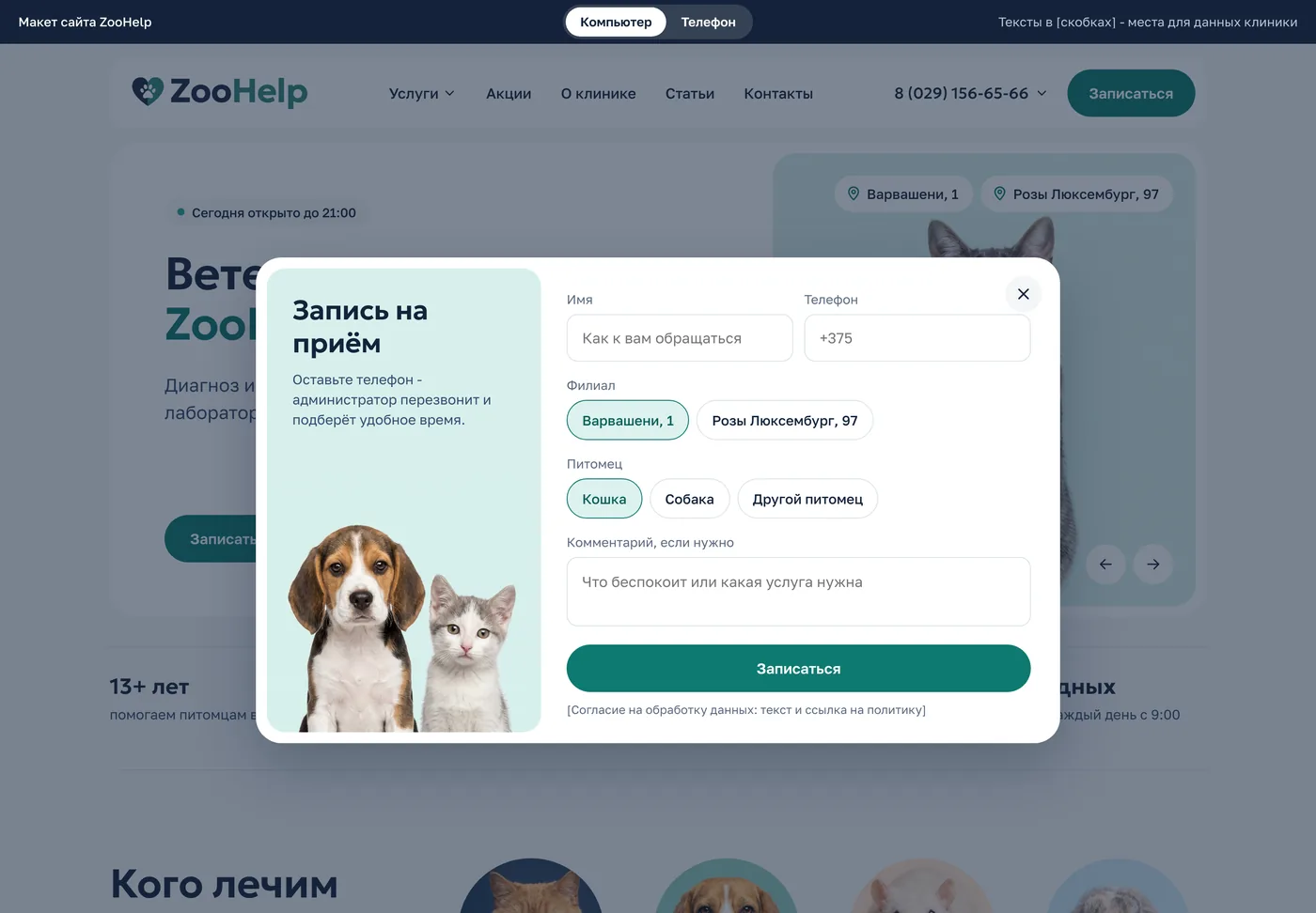 Окно записи открывается поверх страницы